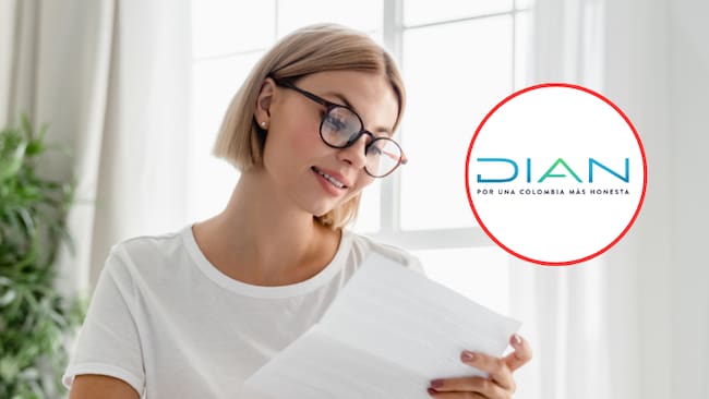 Mujer revisando un documento y de fondo el logo de la DIAN (Fotos vía Getty Images y página de Facebook oficial de la DIAN)