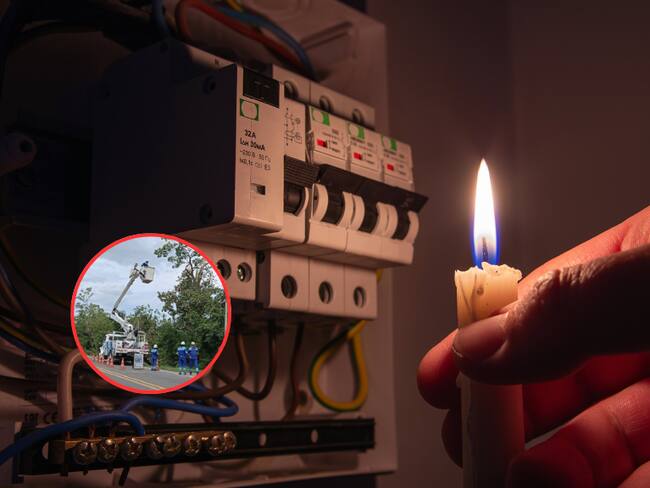 Persona sin electricidad en su hogar y al fondo un equipo técnico haciendo arreglos en redes eléctricas (Fotos vía Getty Images y Cortesía)