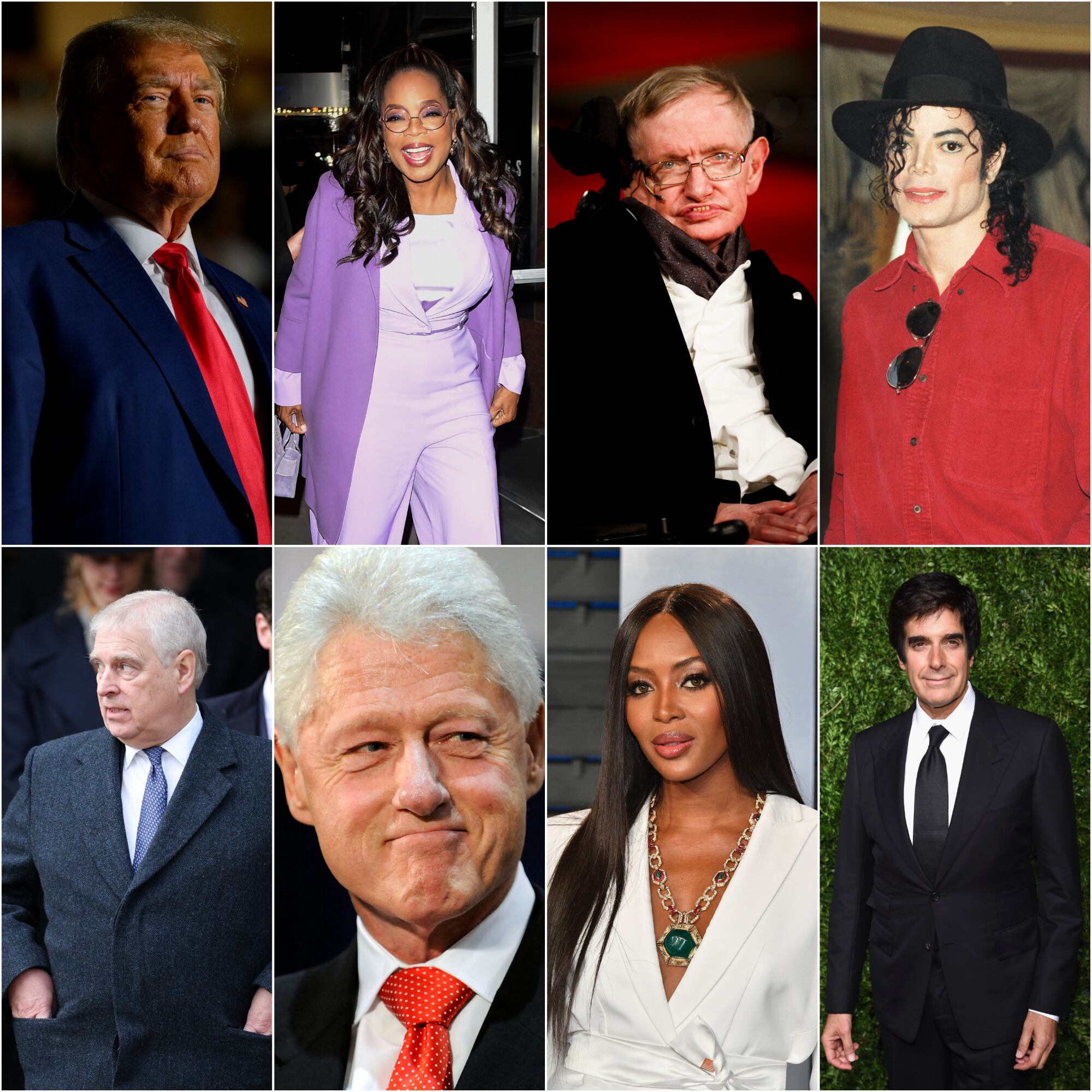 Algunas de las personalidades mencionadas en los documentos relacionados a Jeffrey Epstein: Donald Trump, Oprah Winfrey, Stephen Hawking, Michael Jackson, el príncipe Andrés, Bill Clinton, Naomi Campbell y David Copperfield.
(Foto: Caracol Radio)