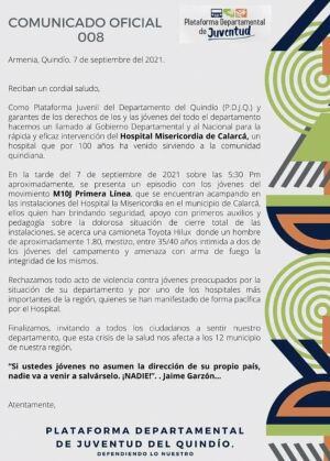 Denuncia pública de los jóvenes de la primera línea en Calarcá