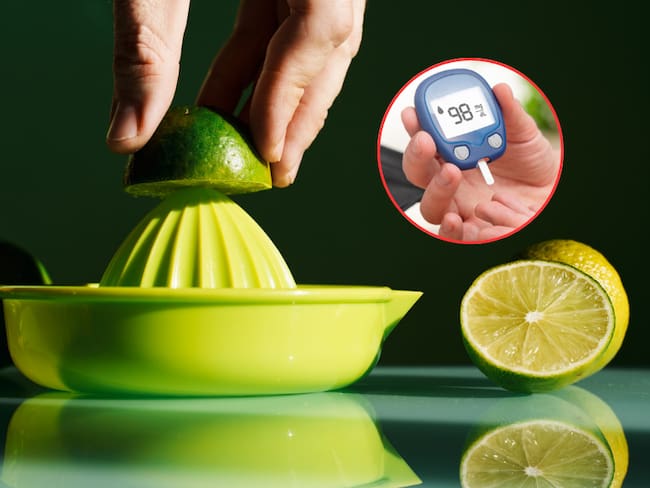Persona exprimiendo un limón para sacarle su jugo / Hombre midiendo el nivel de glucosa en sangre con glucómetro (Getty Images)