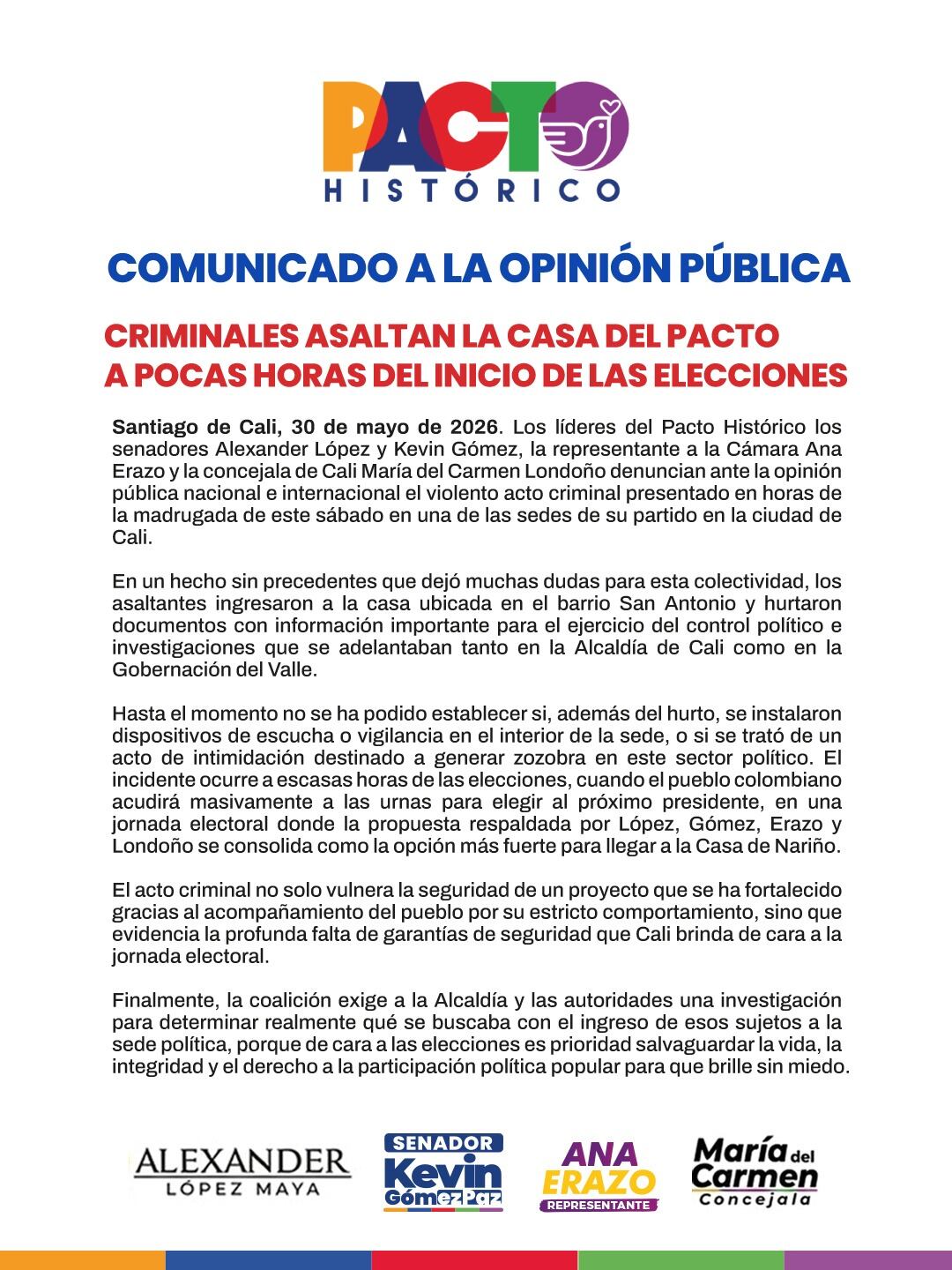 Comunicado Pacto Histórico Cali