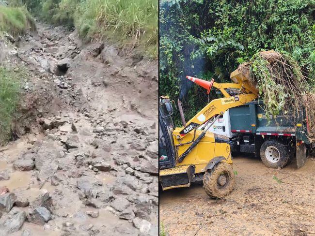 Deslizamiento entre Manzanares y Marulanda (foto izquierda) y la maquinaria amarilla removiendo un derrumbe en Villamaría (foto derecha). Fotos suministradas.