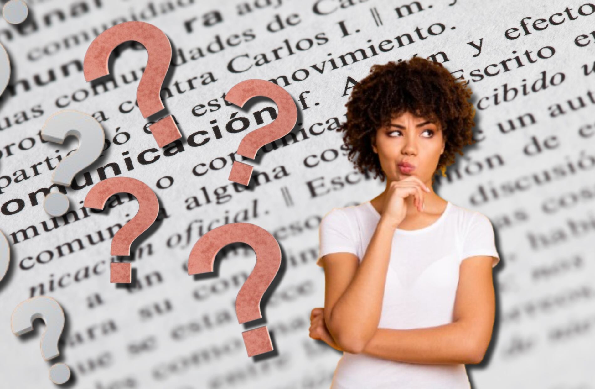 Diccionario, signos de interrogación y persona con duda. Fotos: Getty Images