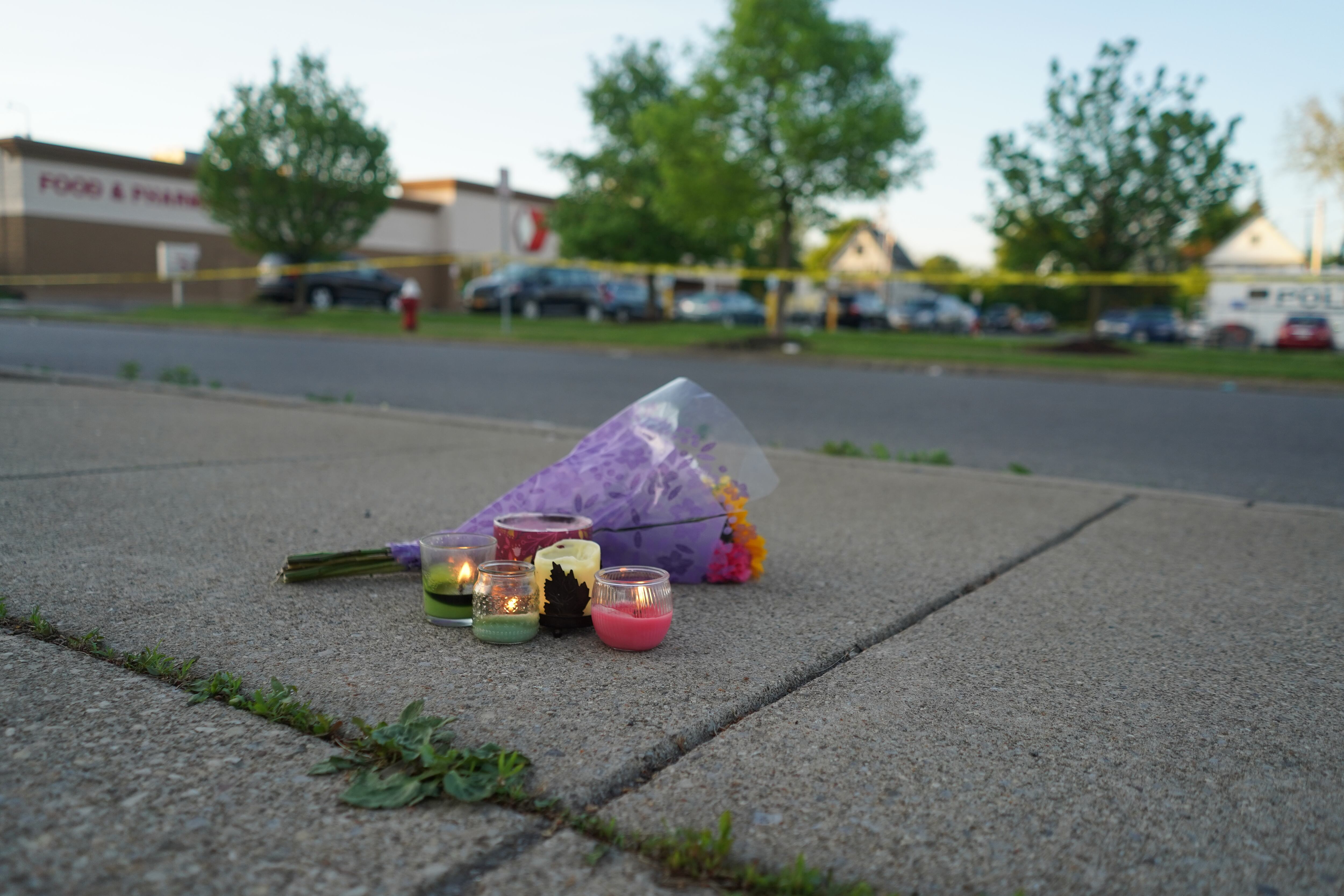BUFFALO, NY - MAY 15:The scene of the Tops market shooting in Buffalo, at around 6:00AM on May 15, 2022. (Photo by Libby March for The Washington Post via Getty Images)