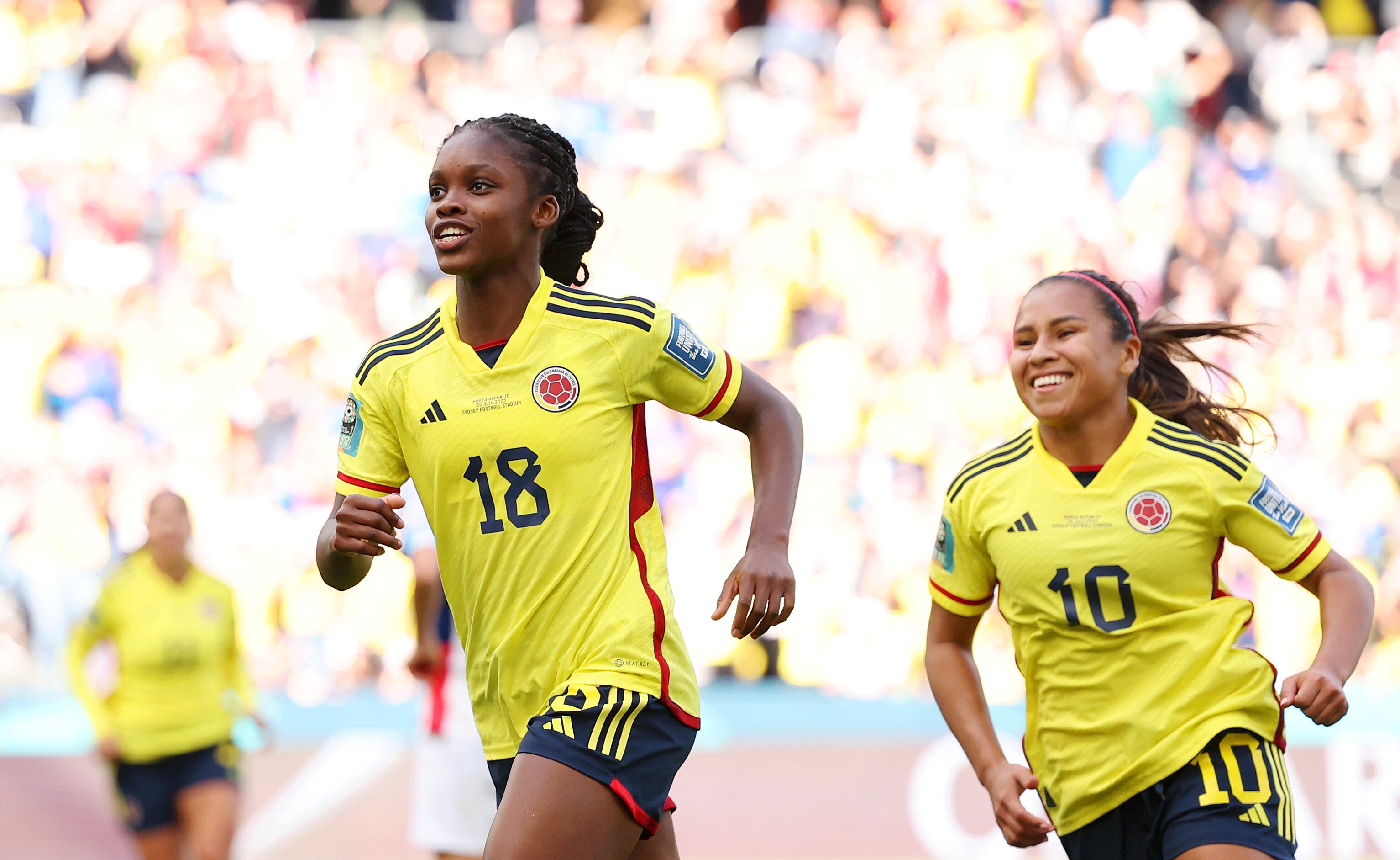 SYDNEY, AUSTRALIA - JULY 25: Linda Caicedo (L) of Colombia celebrates with teammate Leicy Santos (R) after scoring her team's second goal during the FIFA Women's World Cup Australia & New Zealand 2023 Group H match between Colombia and Korea Republic at Sydney Football Stadium on July 25, 2023 in Sydney, Australia. (Photo by Maddie Meyer - FIFA/FIFA via Getty Images)