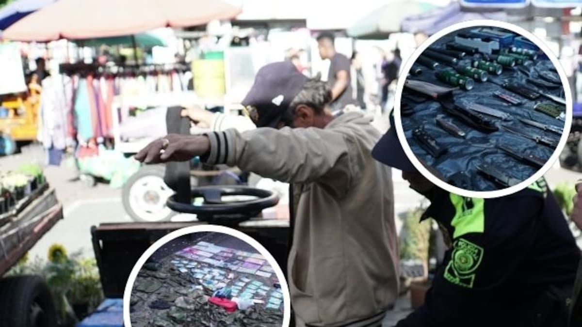 En la carrera séptima de Bogotá vendían prendas militares y cuchillos ocultos en negocios ambulantes