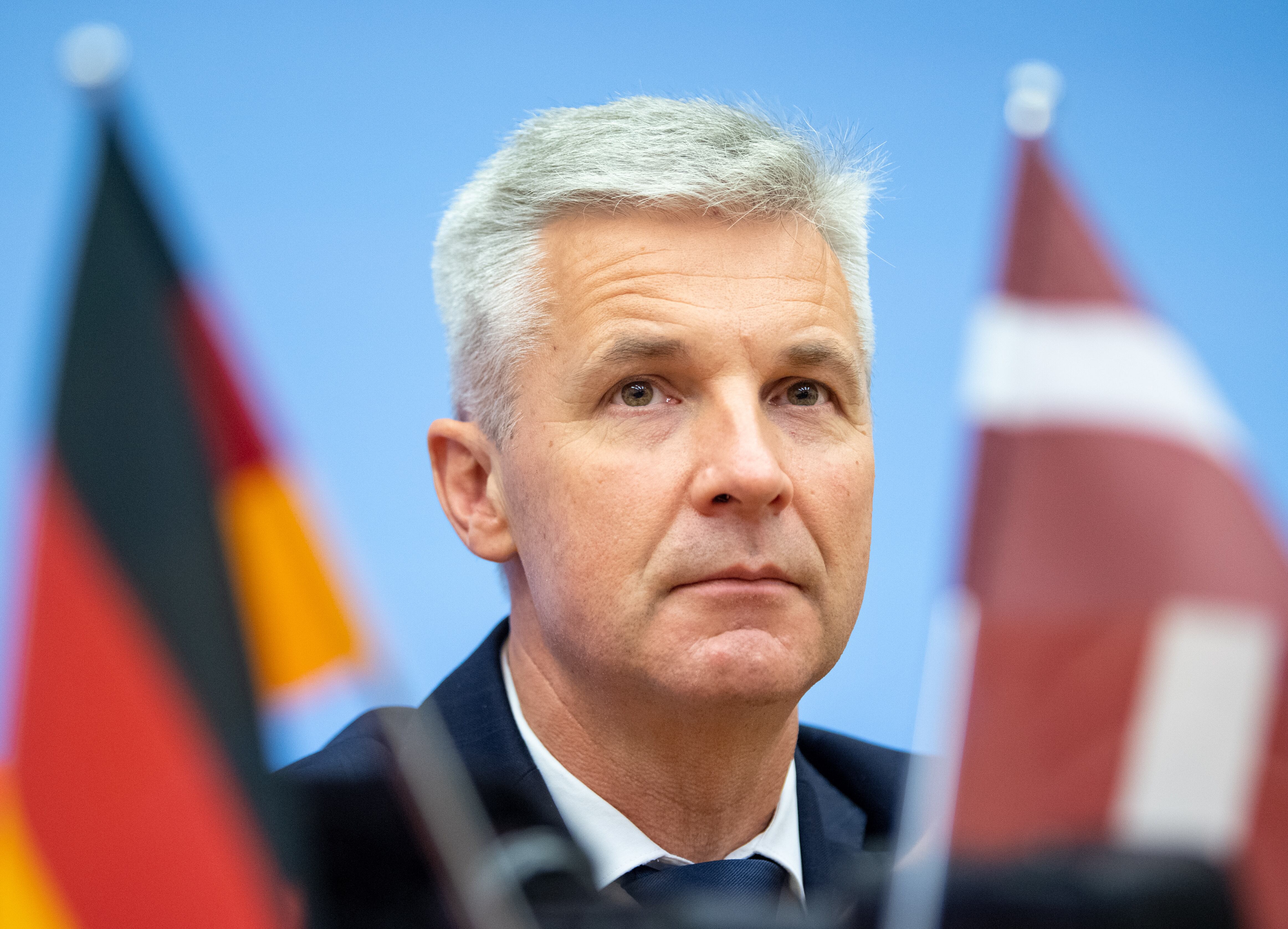 11 October 2019, Latvia, Riga: Artis Pabriks, Minister of Defence of Latvia, takes part in a joint press conference with German Defence Minister Kramp-Karrenbauer. Photo: Monika Skolimowska/dpa-Zentralbild/dpa (Photo by Monika Skolimowska/picture alliance via Getty Images)