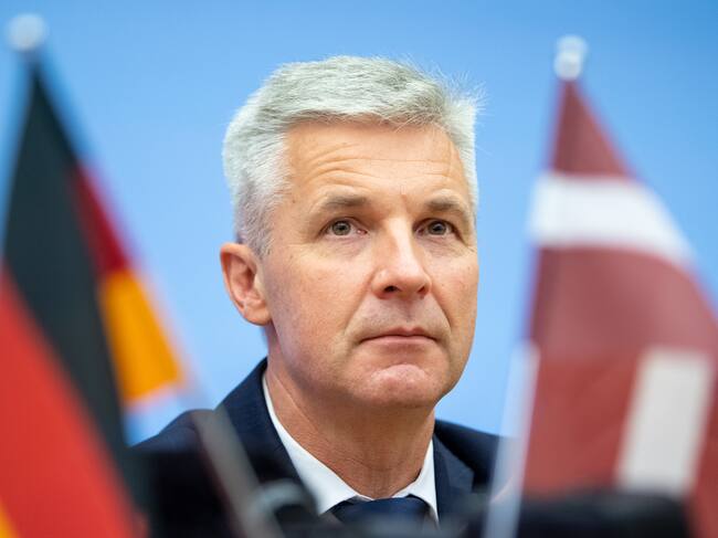 11 October 2019, Latvia, Riga: Artis Pabriks, Minister of Defence of Latvia, takes part in a joint press conference with German Defence Minister Kramp-Karrenbauer. Photo: Monika Skolimowska/dpa-Zentralbild/dpa (Photo by Monika Skolimowska/picture alliance via Getty Images)