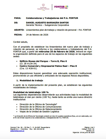 Comunicación de FONTUR a sus trabajadores. Crédito: Cortesía