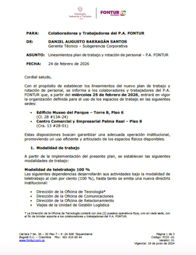 Comunicación de FONTUR a sus trabajadores. Crédito: Cortesía