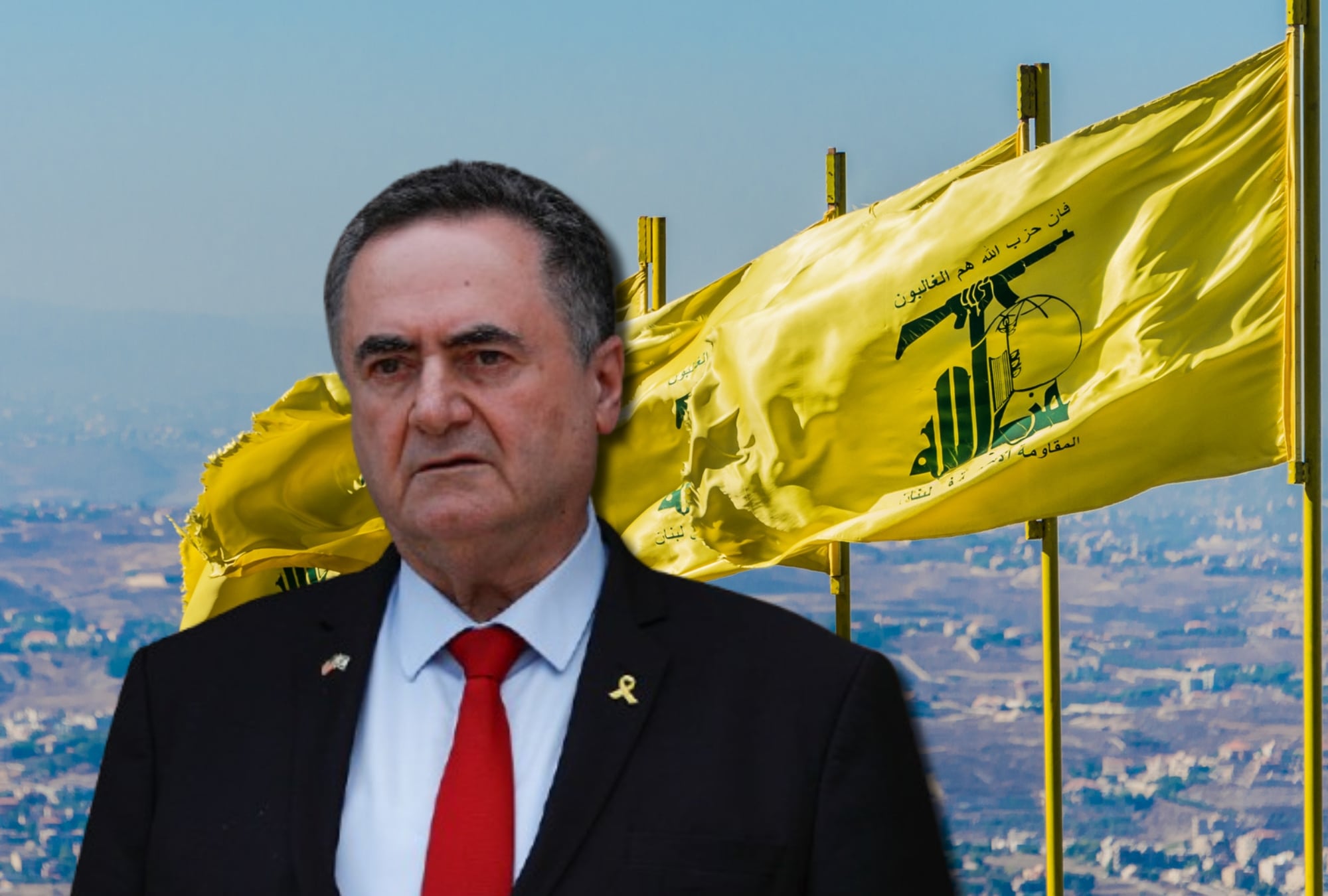 Israel Katz y banderas de Hezbolá. Fotos: (Photo by Yasin Ozturk/Anadolu via Getty Images) / Getty Images