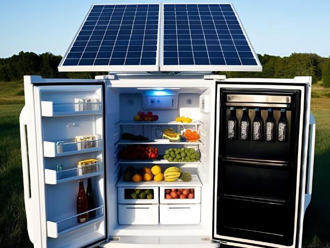 Nevera con panel solar, imagen hecha con IA de Canva.