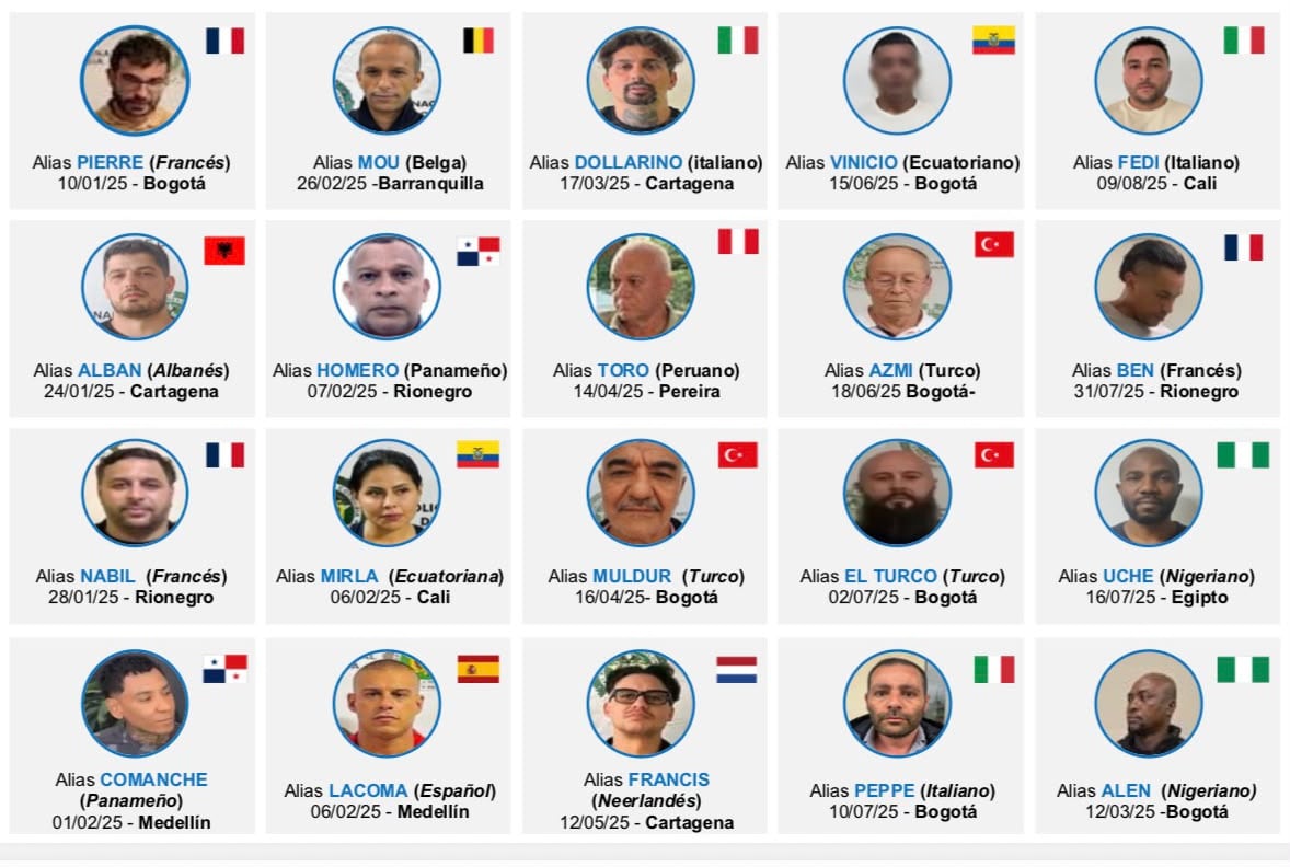 Los 19 narcotraficantes extranjeros capturados en Colombia en el último año. Foto: Suministrada