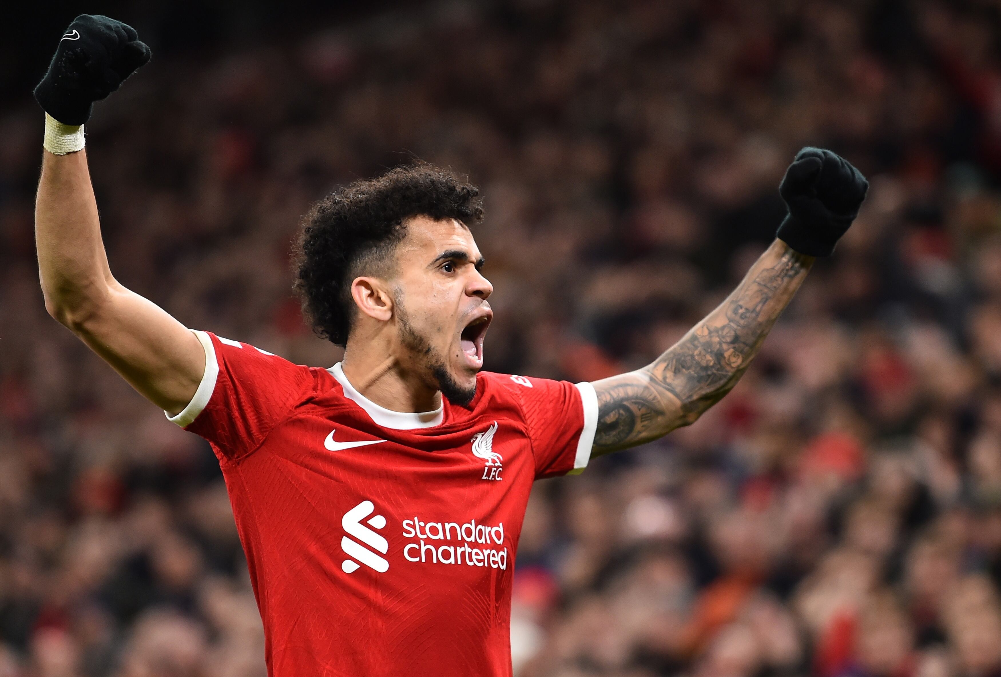 Liverpool (United Kingdom), 21/02/2024.- Liverpool's Luis Diaz celebrates after scoring the 3-1 lead during the English Premier League match between Liverpool FC and Luton Town FC, in Liverpool, Britain, 21 February 2024. (Reino Unido) EFE/EPA/PETER POWELL EDITORIAL USE ONLY. No use with unauthorized audio, video, data, fixture lists, club/league logos, 'live' services or NFTs. Online in-match use limited to 120 images, no video emulation. No use in betting, games or single club/league/player publications.