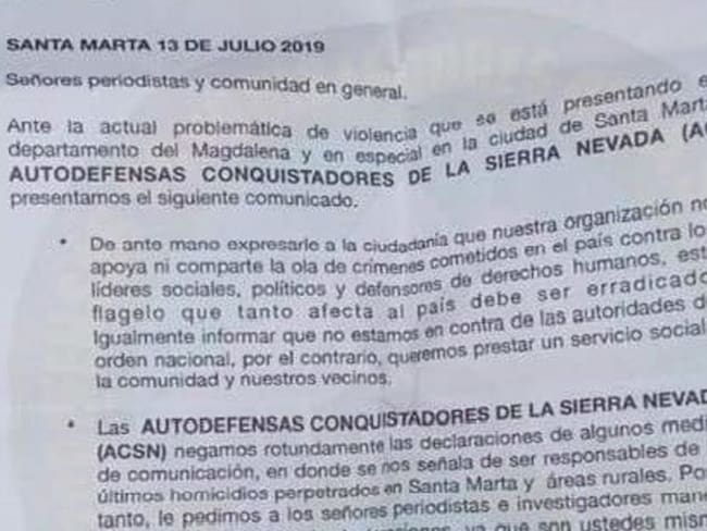 Con panfleto amenazan a periodistas en Santa Marta