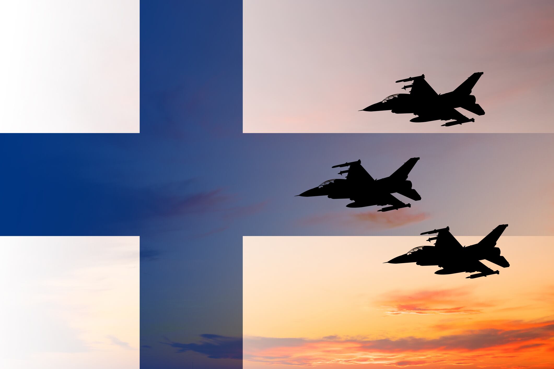 Bandera de Finlandia y aviones cazas. Foto: Getty Images