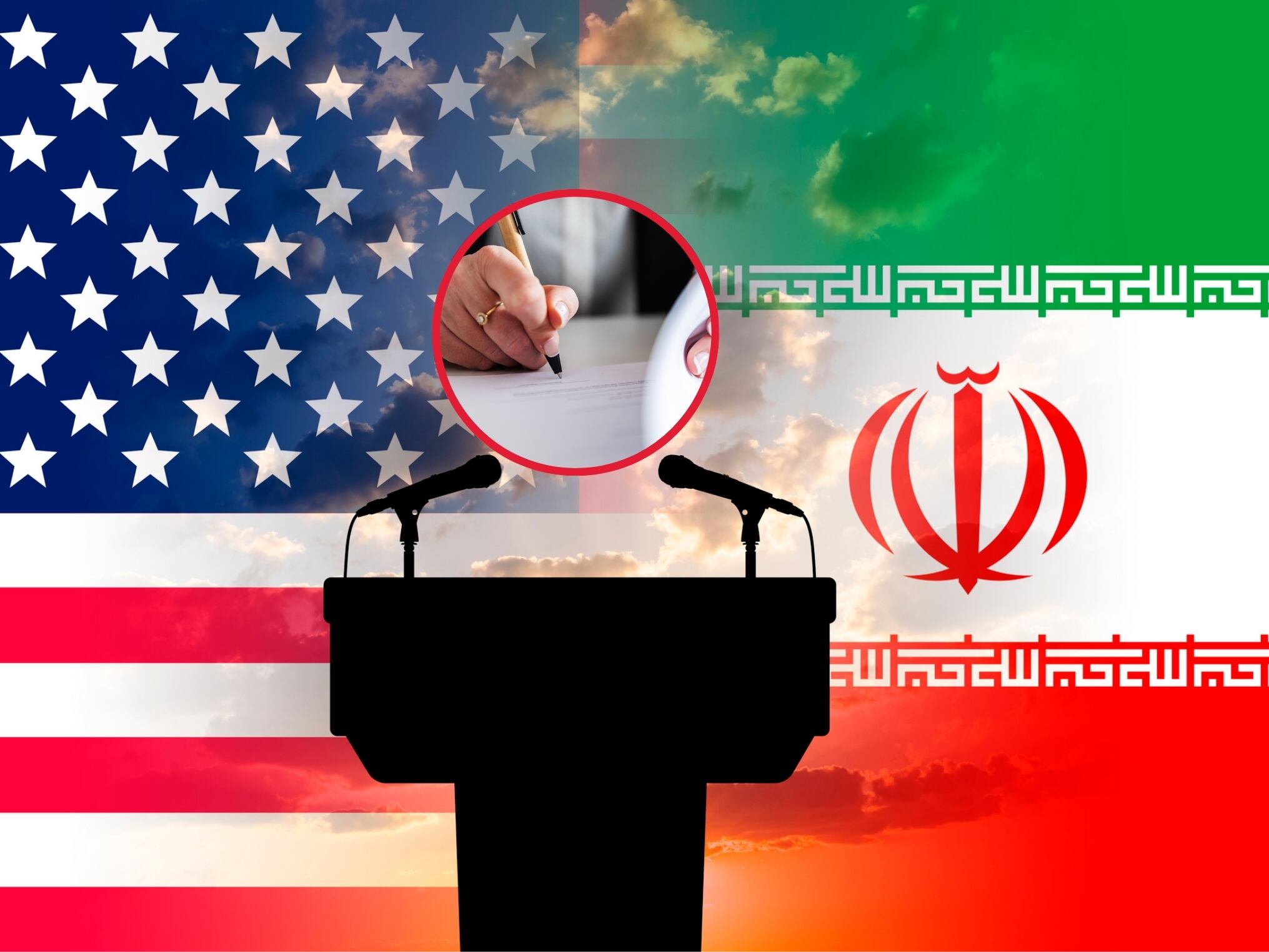 De fondo: Banderas de Estados Unidos e Irán, al frente se ubica una mesa con imágenes de referencia de un acuerdo firmado (Crédito: Getty Images)