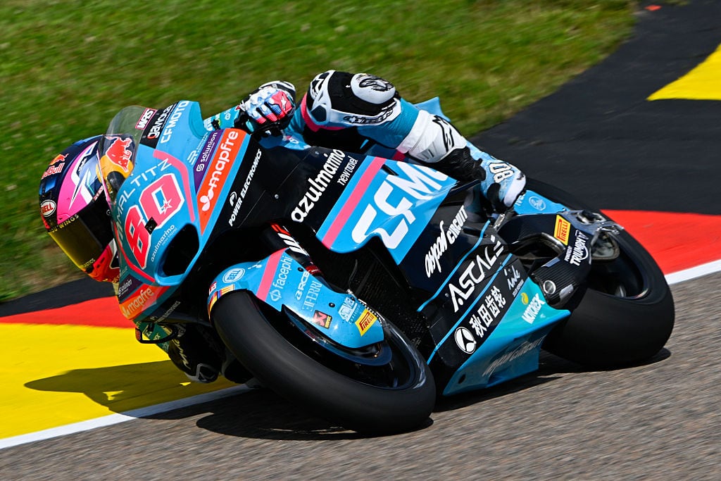 HOHENSTEIN-ERNSTTHAL, GERMANY - JULY 10: David Alonso of Colombia rides the CFMOTO Inde Aspar Team Moto2 bike (80) on track during Moto2 Practice at Sachsenring Circuit on July 10, 2026 in Hohenstein-Ernstthal, Germany. (Photo by Gold & Goose Photography/Getty Images)