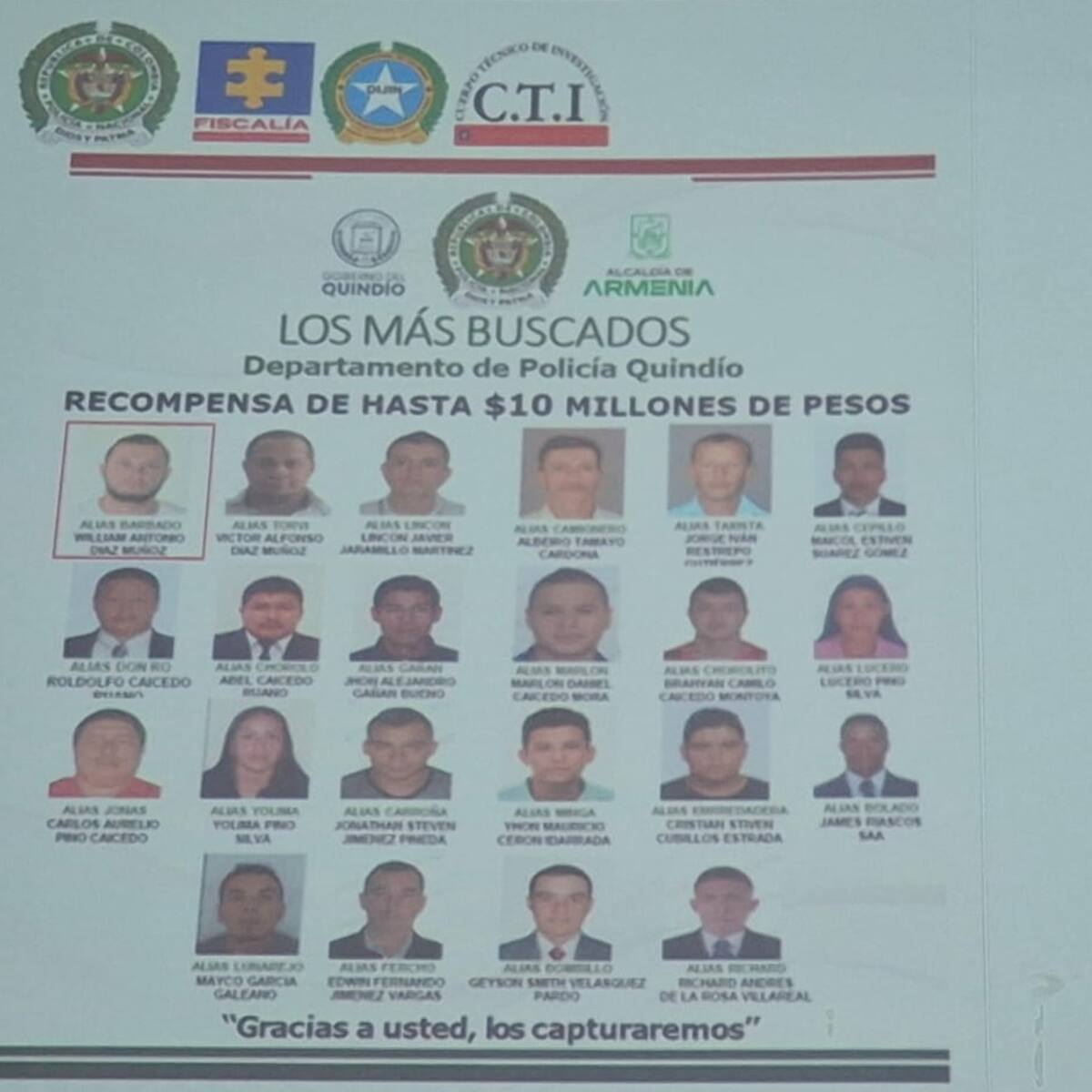 Alias Pedro Machete encabeza el cartel de los delincuentes más buscados del Quindío