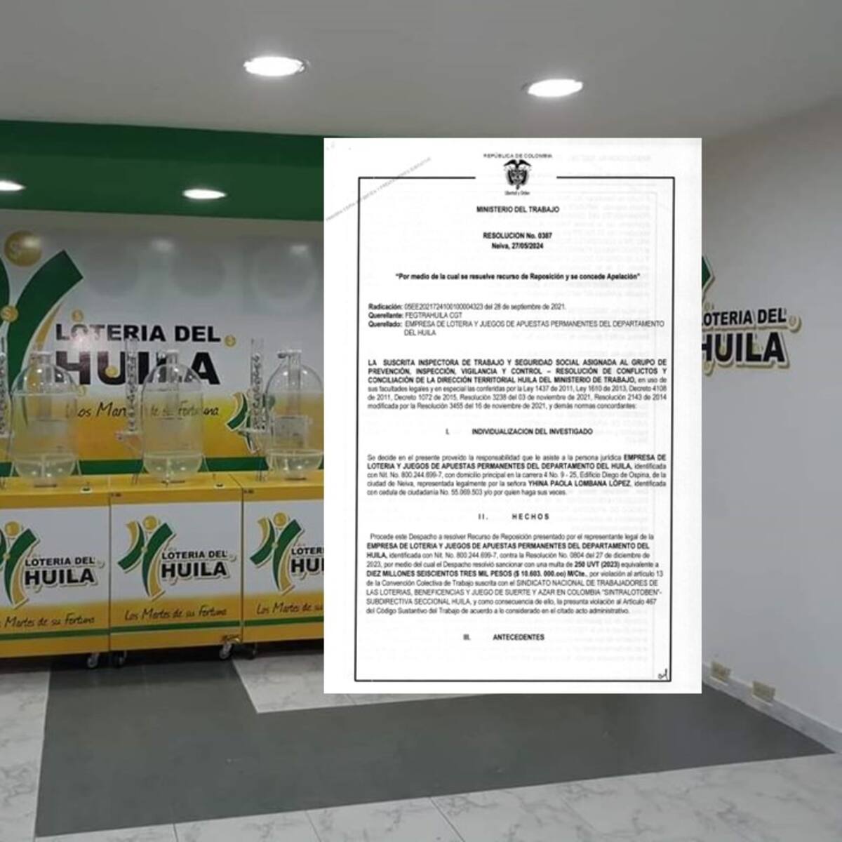 Mintrabajo confirma sanción y multa contra la Lotería del Huila