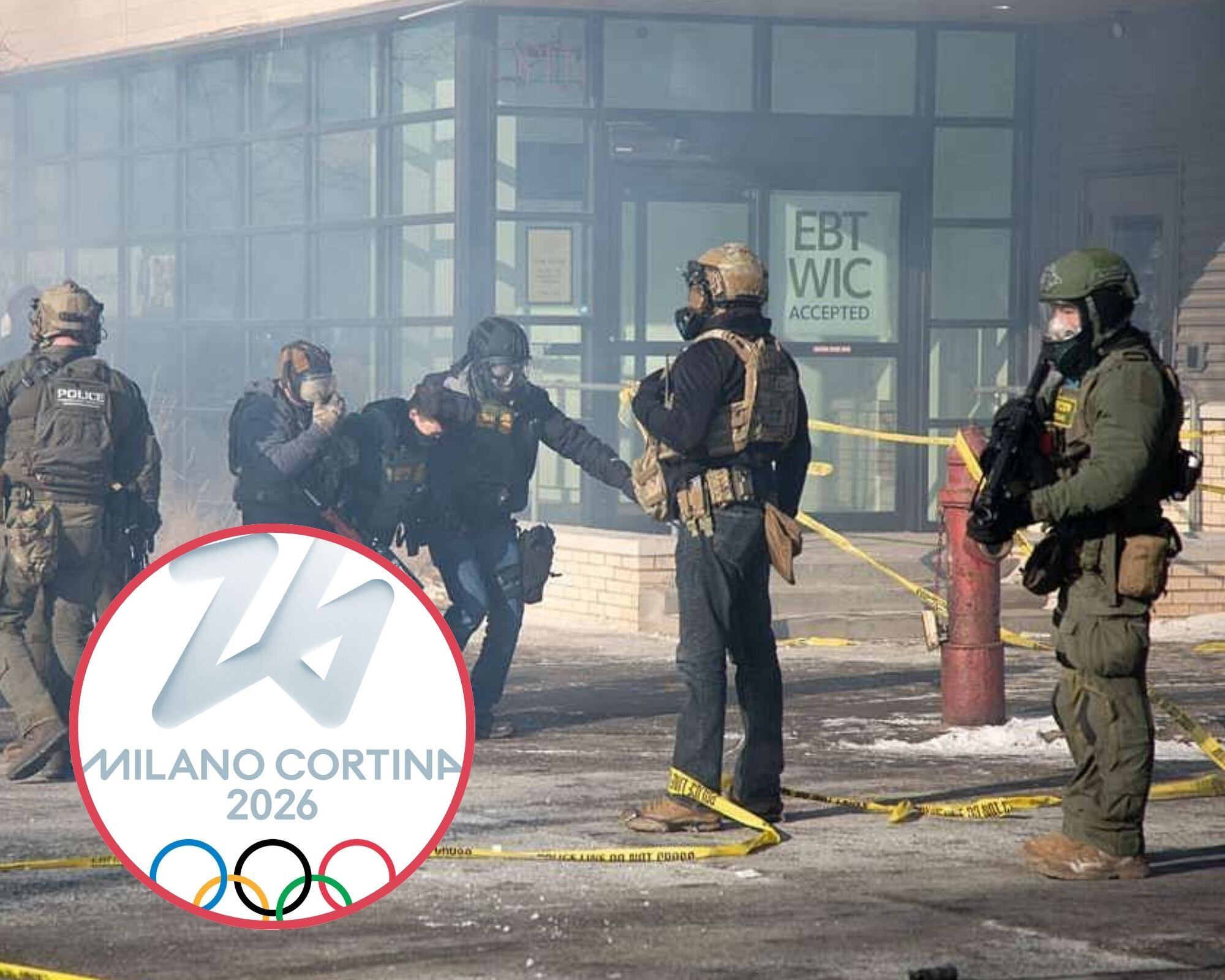 Agentes de ICE. Logo oficial de los Juegos Olímpicos de Invierno 2026. Foto:  Arthur Maiorella/Anadolu via Getty Images