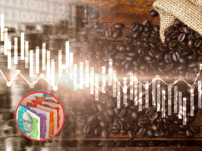 Ilustración de fluctuación de precios en el café y al lado varios billetes colombianos de diferente denominación (Fotos vía Getty Images)