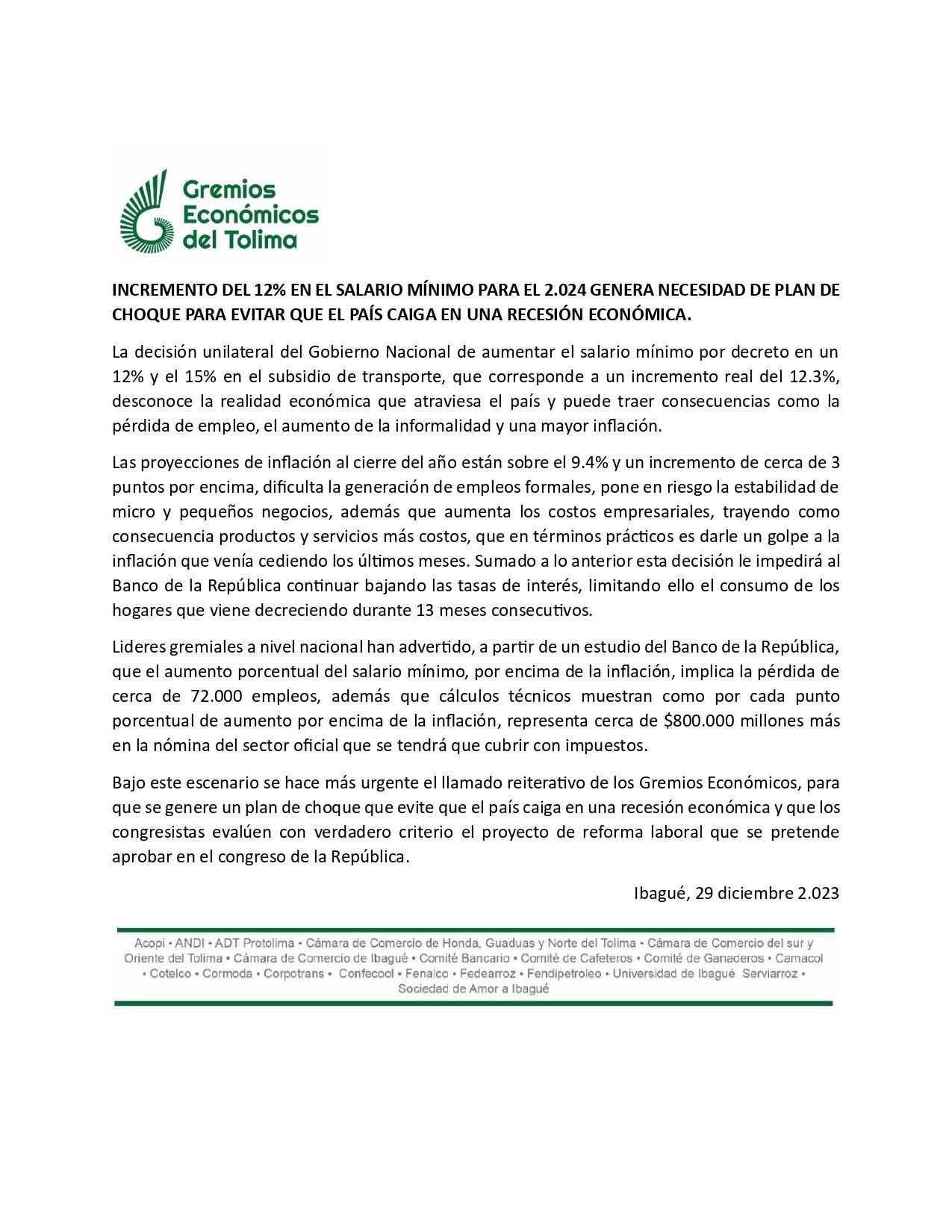 Comunicado de los Gremios Económicos del Tolima sobre el incremento salarial