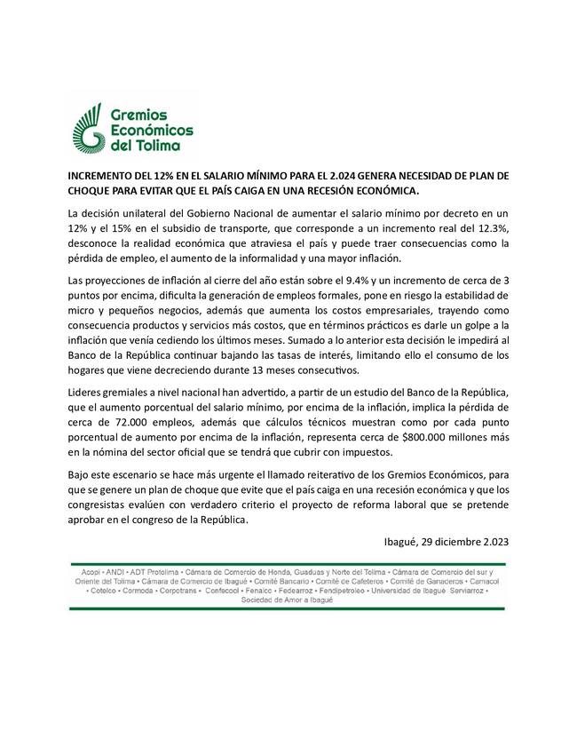 Comunicado de los Gremios Económicos del Tolima sobre el incremento salarial