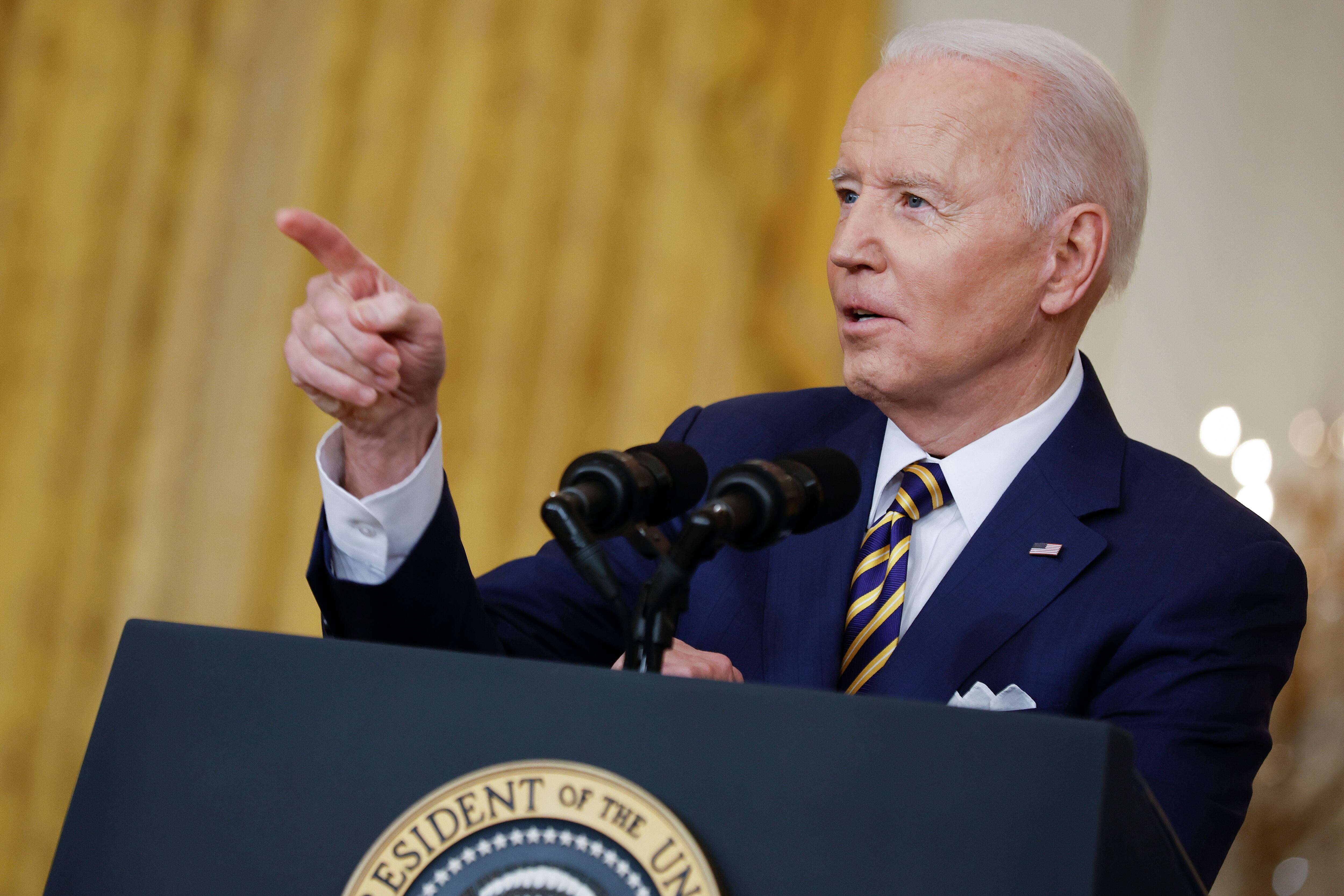 WASHINGTON, DC - JANUARY 19: U.S. President Joe Biden answers questions during a news conference in the East Room of the White House on January 19, 2022 in Washington, DC. With his approval rating hovering around 42-percent, Biden is approaching the end of his first year in the Oval Office with inflation rising, COVID-19 surging and his legislative agenda stalled on Capitol Hill. (Photo by Chip Somodevilla/Getty Images)