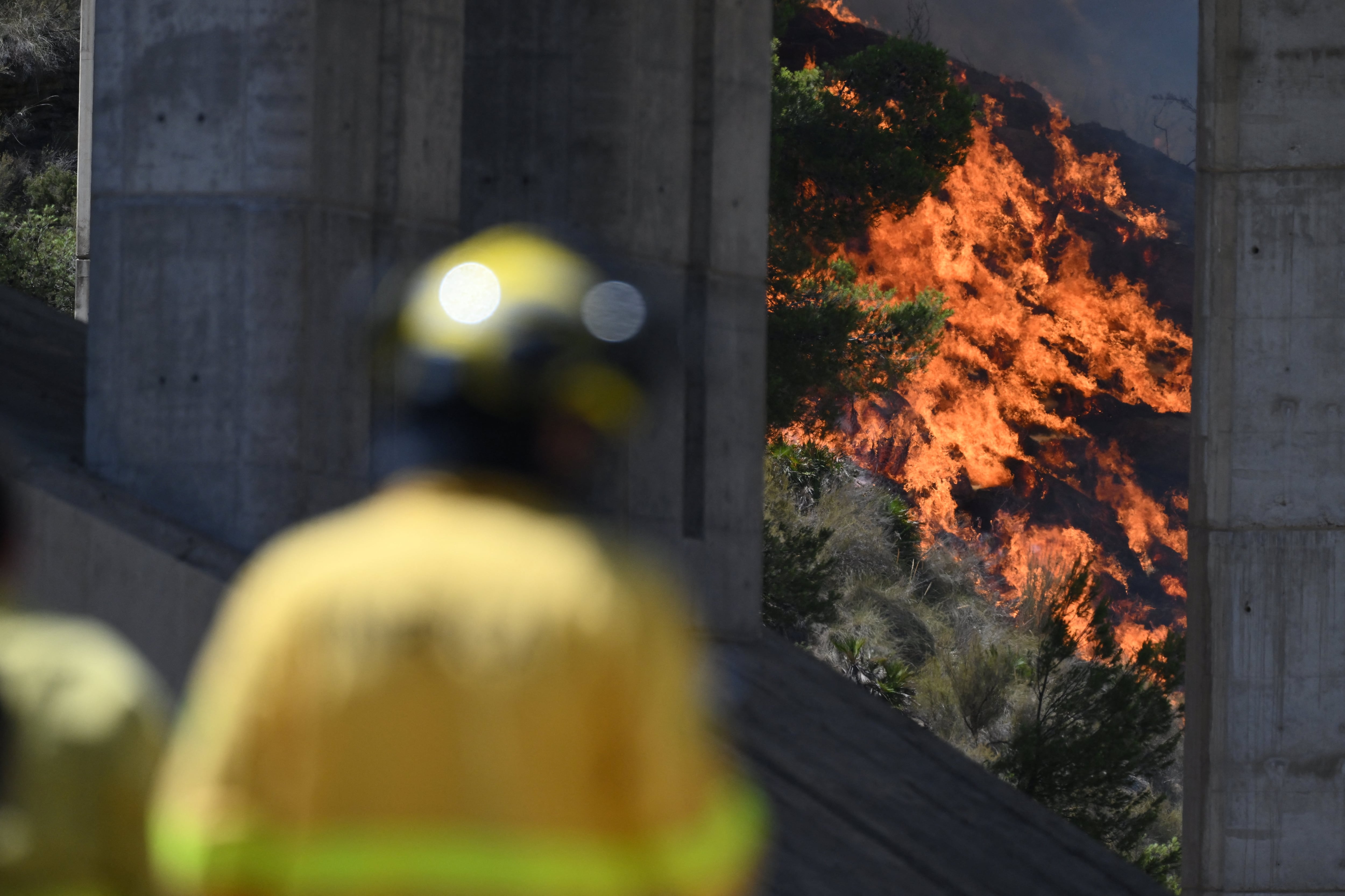 Firefighters of the Infoca (Andalusia Wildfire Service) monitor a fire in the area of a wildfire that killed 11 near Bedar, in Los Gallardos district, in Almeria Province, on July 10, 2026. Eleven people were killed and 19 are missing after a wildfire tore through a Spanish village, with four victims who may have been British who were burned in their car, authorities said. (Photo by JOSE JORDAN / AFP)