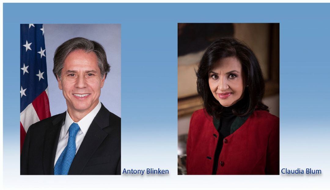 Ministra de Relaciones Exteriores Claudia Blum y el Secretario de Estado de Estados Unidos, Antony Blinken.