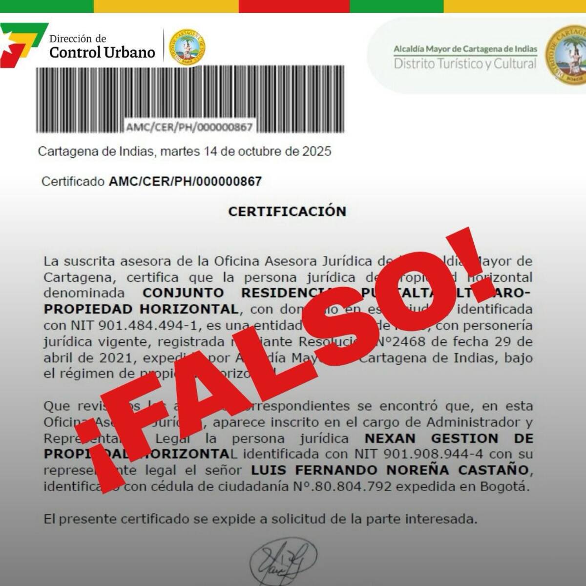 Control Urbano alerta por falsificación de certificados de propiedades horizontales en Cartagena