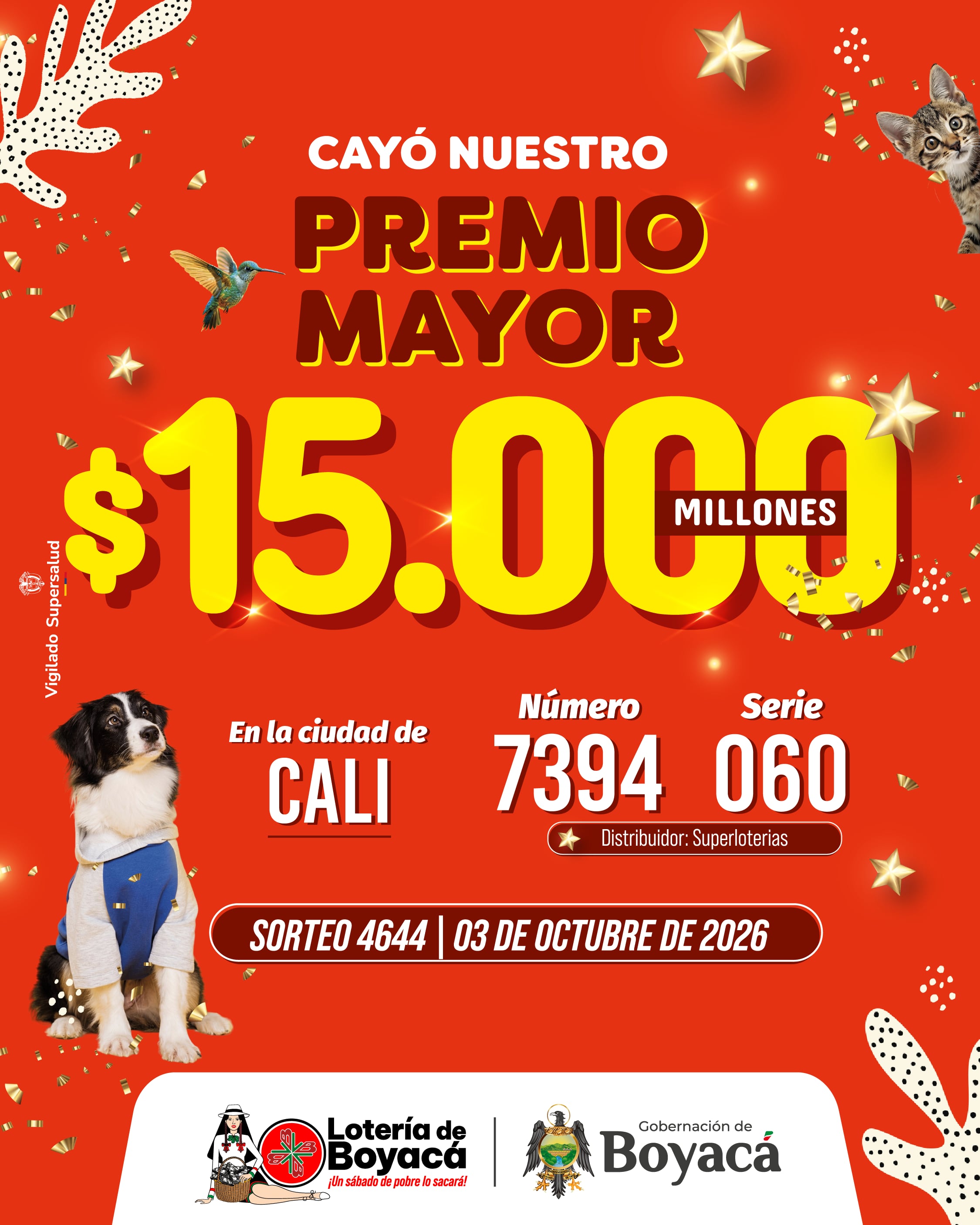 Un afortunado en Cali se llevó el Premio Mayor de $15.000 millones de la Lotería de Boyacá en el sorteo 4644, realizado el 3 de octubre de 2026.