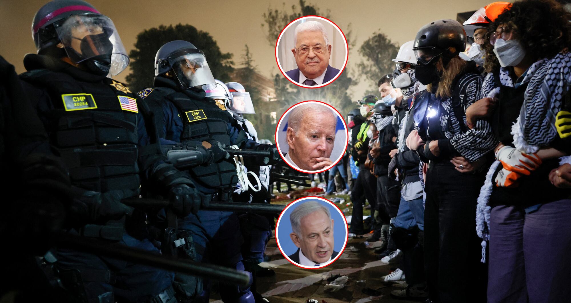 Cara a cara entre uniformados de Los Ángeles (I) y estudiantes de la Universidad de California (d) en medio de protestas pro palestina. 
En el círculo superior Mahmoud Abbas, presidente de la Organización para la Liberación de Palestina. En el círculo central el presidente de Estados Unidos, Joe Biden y en el círculo inferior el Primer Ministro de Israel, Benjamín Netanyahu.

(Foto: Getty / Caracol Radio)