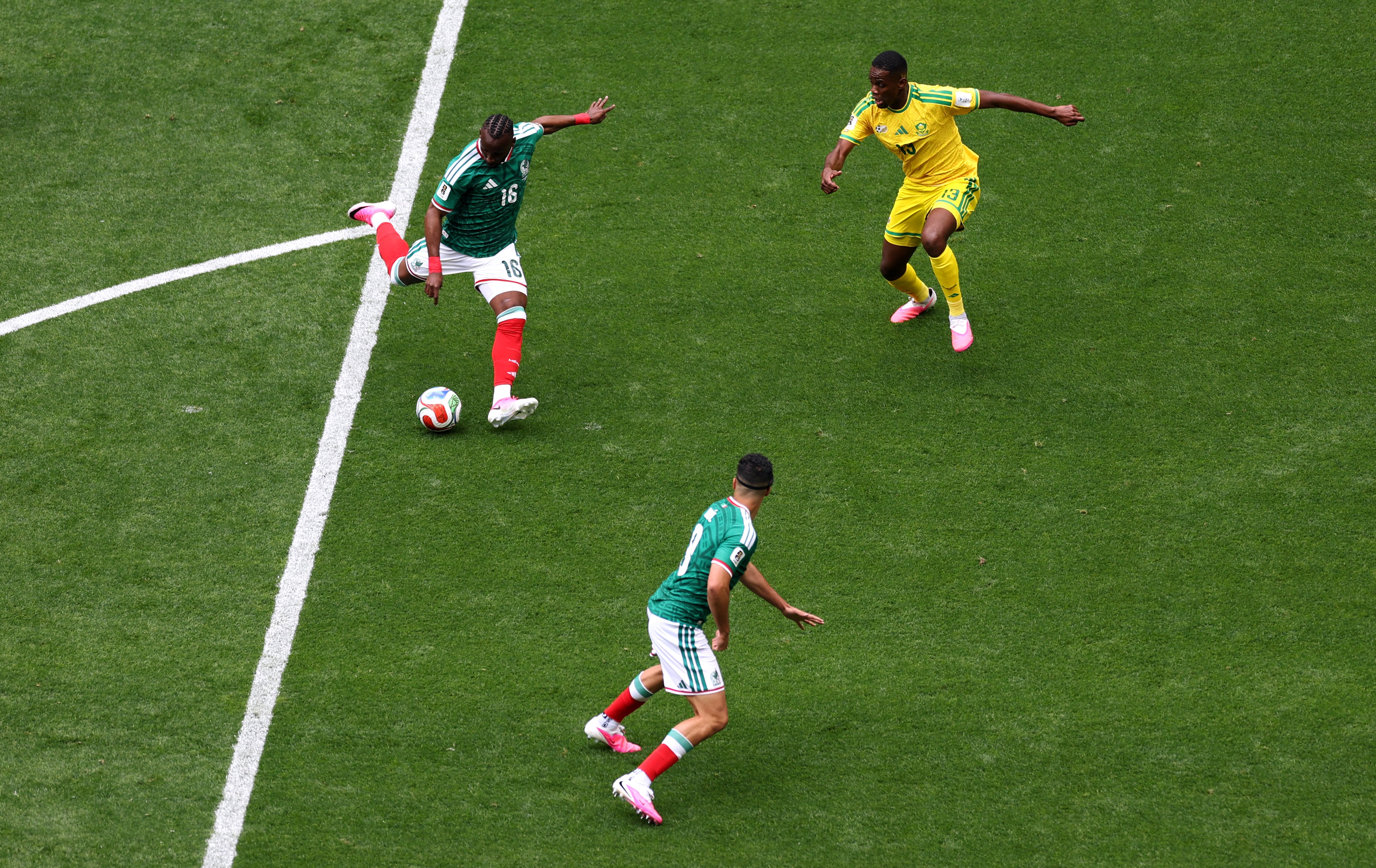 MEXICO CITY, MEXICO - JUNE 11: Julian Quinones #16 of Mexico scores his team's first goal during the FIFA World Cup 2026 Group A match between Mexico and South Africa at Mexico City Stadium on June 11, 2026 in Mexico City, Mexico. (Photo by Sean M. Haffey - FIFA/FIFA via Getty Images)