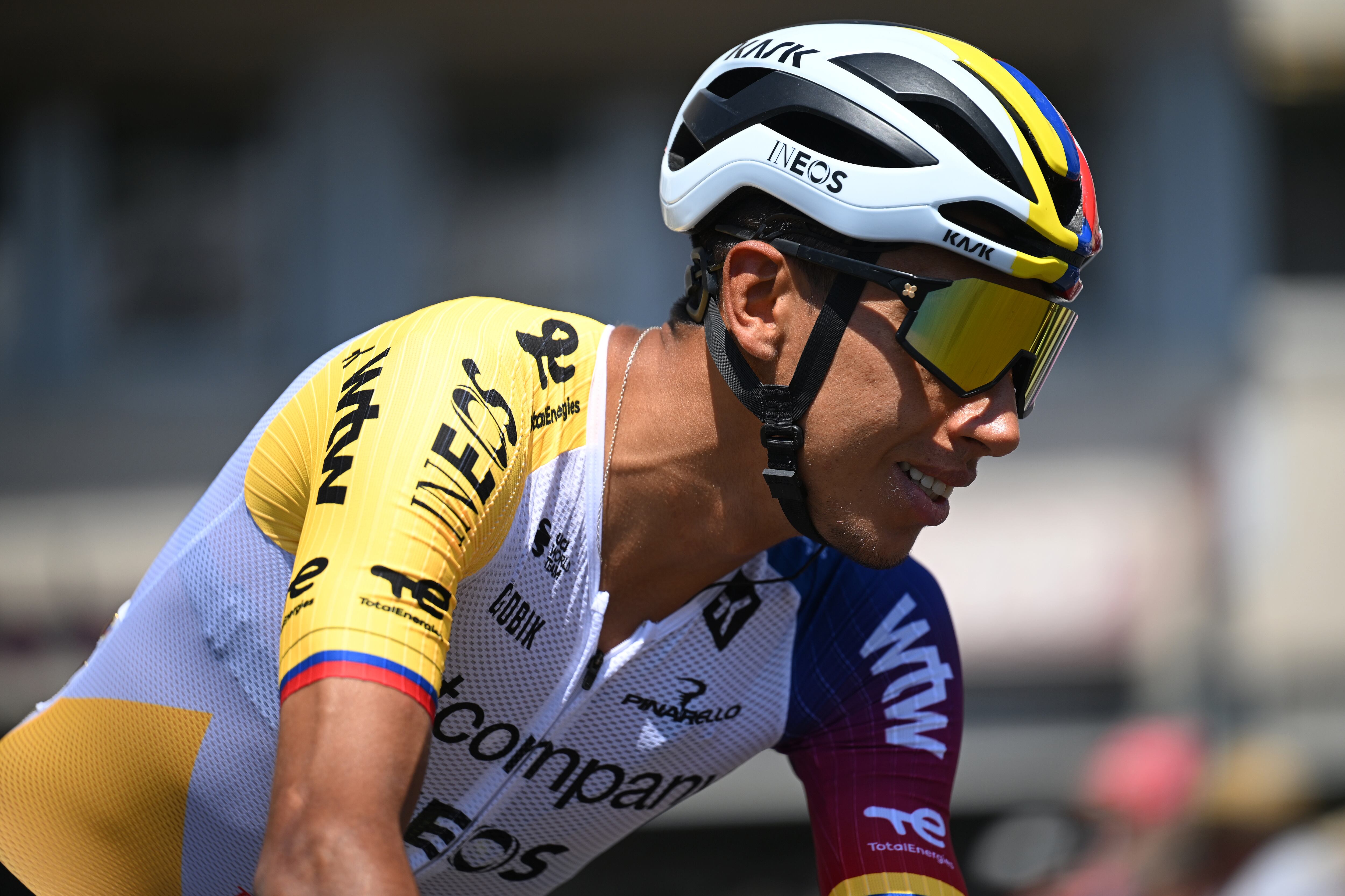 AURILLAC, FRANCE - JULY 14: Egan Bernal of Colombia and Netcompany INEOS Cycling Team prior to 113th Tour de France 2026, Stage 10 a 166.6km stage from Aurillac to Le Lioran 1240m / #UCIWT / on July 14, 2026 in Aurillac, France. (Photo by  Dario Belingheri/Getty Images)