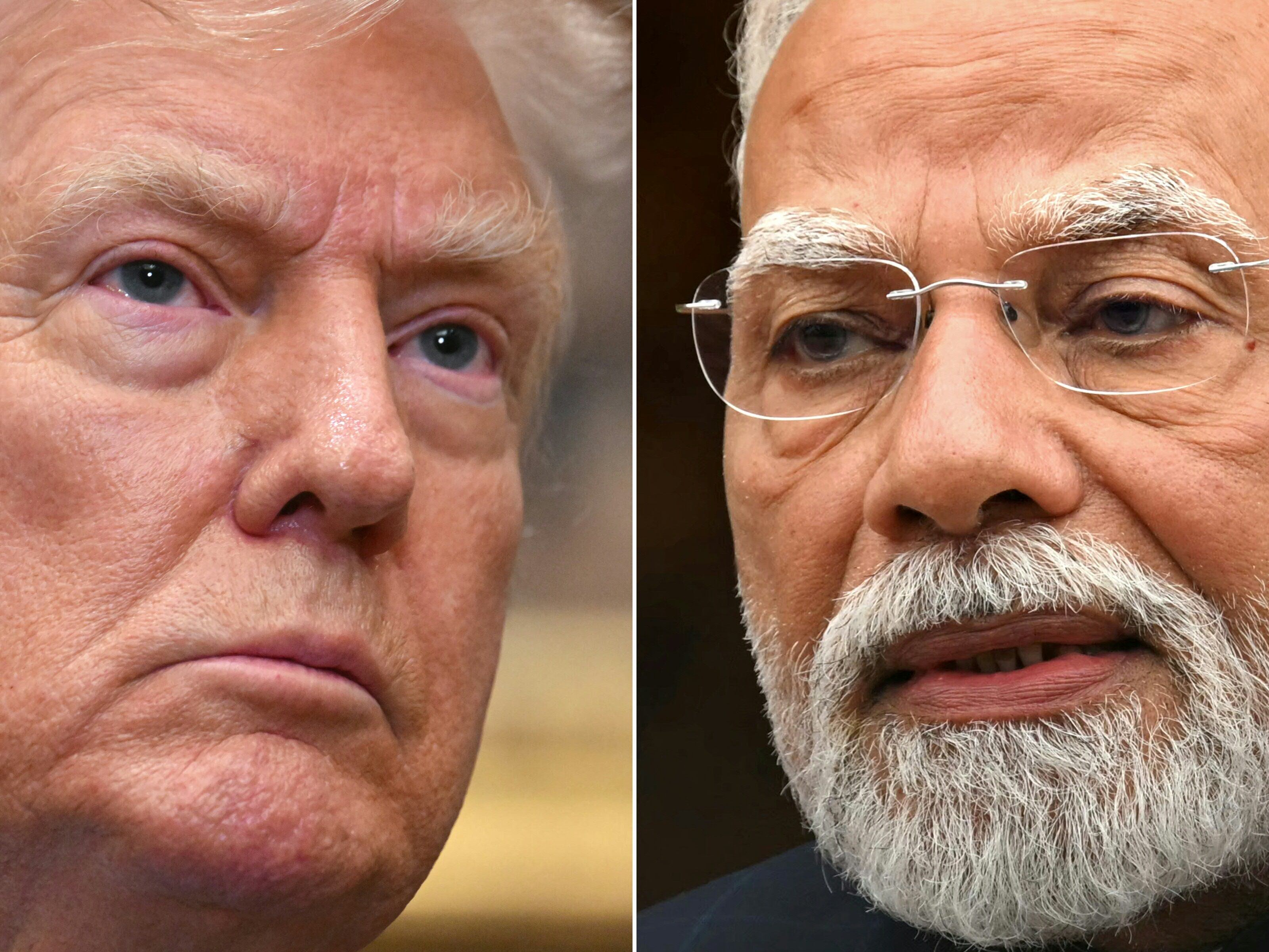 (COMBO) This combination of pictures created on August 5, 2025 shows,L-R, US President Donald Trump speaks in Washington, DC, on July 30, 2025 and mIndia's Prime Minister Narendra Modi in New Delhi on July 21, 2025.. US President Donald Trump said August 5, he was considering "substantially" hiking tariffs on Indian imports in the next 24 hours over the country's purchases of Russian oil. (Photo by Jim WATSON and Sajjad HUSSAIN / AFP)
