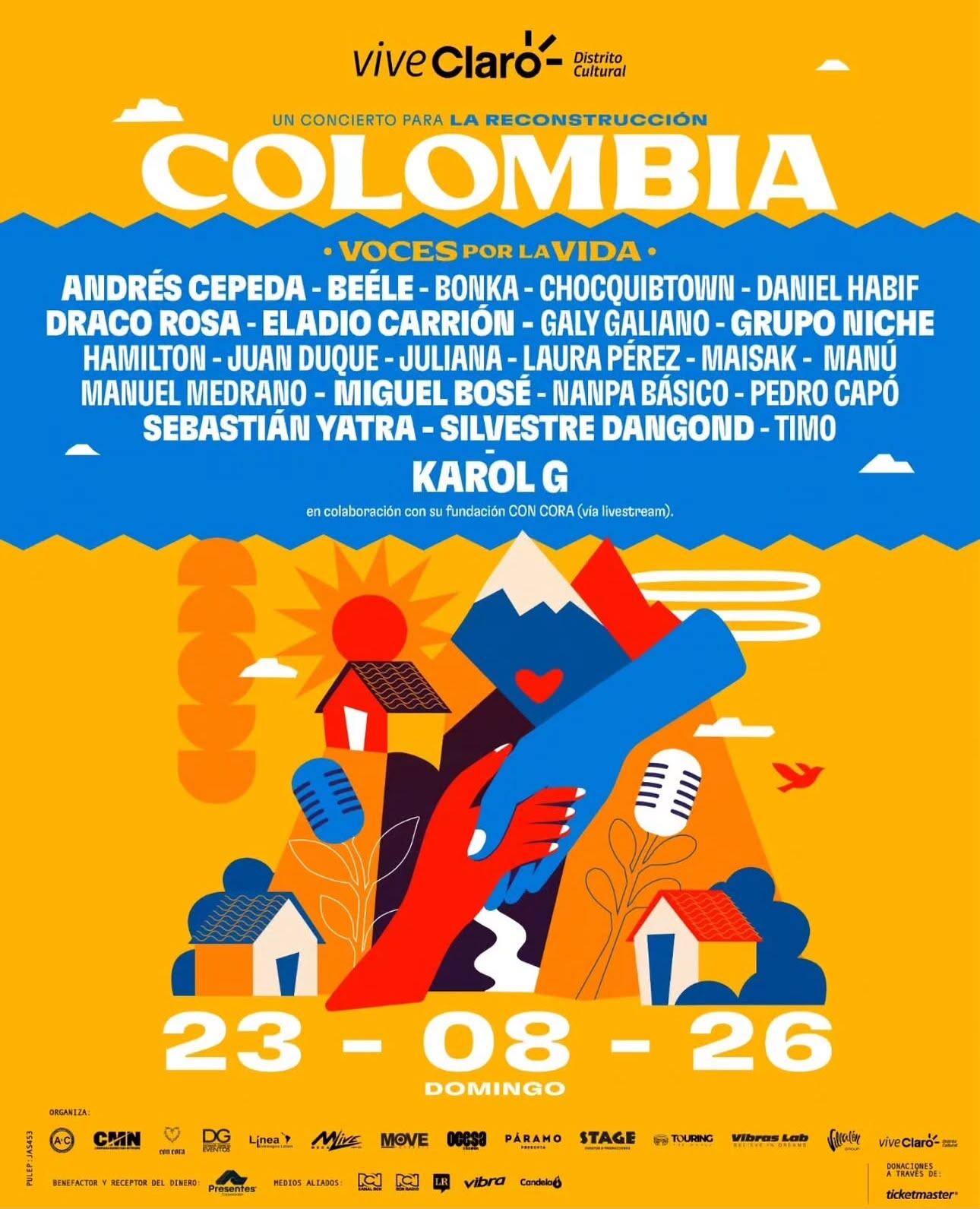 El próximo 23 de agosto el Vive Claro Distrito Cultural hará su concierto “Colombia: Voces por la Vida” reuniendo a artistas, promotores, productores, medios de comunicación, marcas, proveedores y equipos técnico, en una jornada benéfica para ayudar a las comunidades afectadas del terremoto