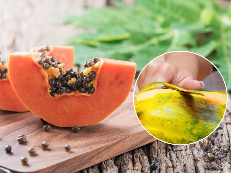 Papaya cortada en rodajas sobre una tabla de madera / Mujer quitándole la cáscara a la fruta (Getty Images)