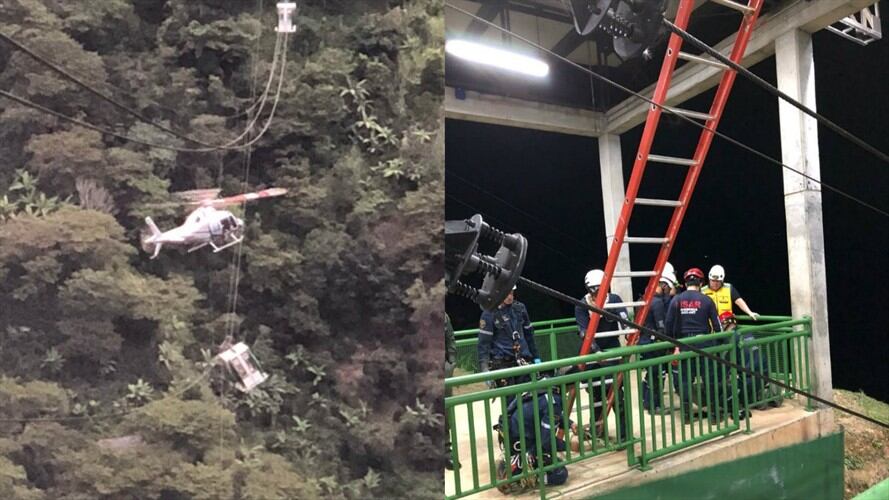 El descenso del cuerpo de rescate se hizo por parte de Bomberos Medellín, por los cables del sistema y posteriormente por cuerdas hacia tierra. Foto: Dagrd
