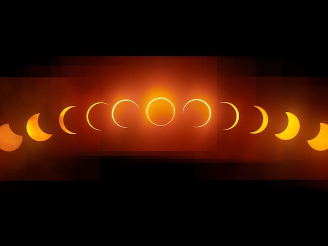 Eclipse anular de sol: La luna se encuentra en el punto más lejano de su órbita desde la Tierra, no puede bloquear completamente el Sol. La luz solar rodea la sombra de la Luna, creando el mencionado &quot;anillo de fuego&quot;.