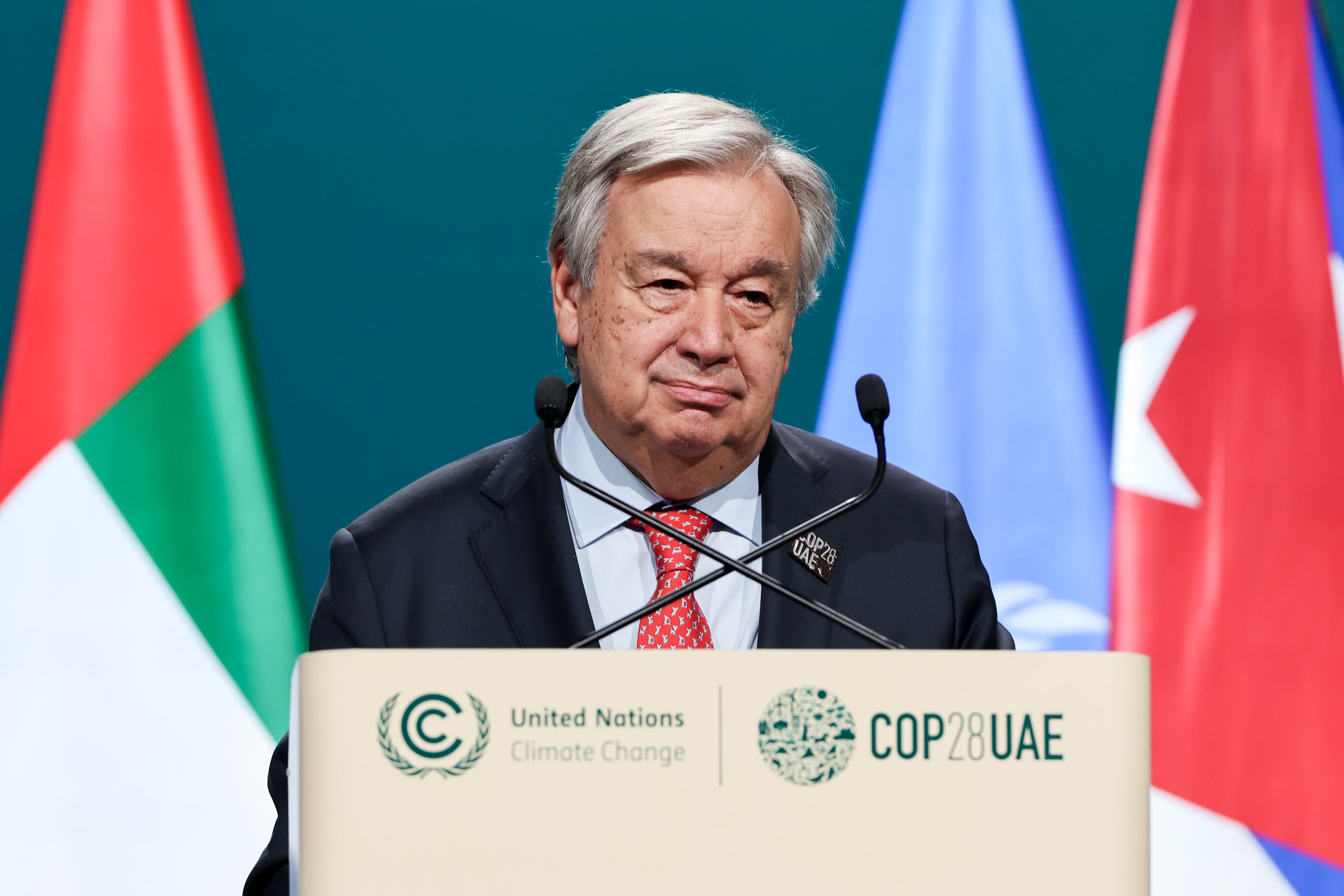 DUBAI, UNITED ARAB EMIRATES - DECEMBER 2: In this handout image supplied by COP28, António Guterres, United Nations Secretary-General speaks at the G77 and China Leaders' Summit during day two of the high-level segment of the UNFCCC COP28 Climate Conference at Expo City Dubai on December 2, 2023 in Dubai, United Arab Emirates. The COP28, which is running from November 30 through December 12, brings together stakeholders, including international heads of state and other leaders, scientists, environmentalists, indigenous peoples representatives, activists and others to discuss and agree on the implementation of global measures towards mitigating the effects of climate change. (Photo by Mahmoud Khaled / COP28 via Getty Images)