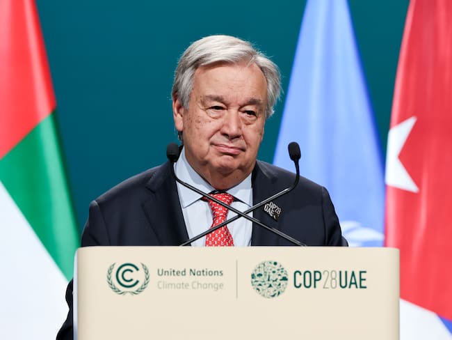 DUBAI, UNITED ARAB EMIRATES - DECEMBER 2: In this handout image supplied by COP28, António Guterres, United Nations Secretary-General speaks at the G77 and China Leaders&#039; Summit during day two of the high-level segment of the UNFCCC COP28 Climate Conference at Expo City Dubai on December 2, 2023 in Dubai, United Arab Emirates. The COP28, which is running from November 30 through December 12, brings together stakeholders, including international heads of state and other leaders, scientists, environmentalists, indigenous peoples representatives, activists and others to discuss and agree on the implementation of global measures towards mitigating the effects of climate change. (Photo by Mahmoud Khaled / COP28 via Getty Images)