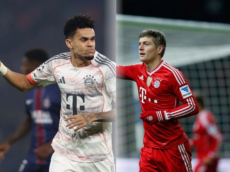 Luis Fernando Díaz Marulanda de Selección Colombia y Bayern Múnich y Toni Kroos de Real Madrid y Bayern Múnich / Oficial de Getty Images.