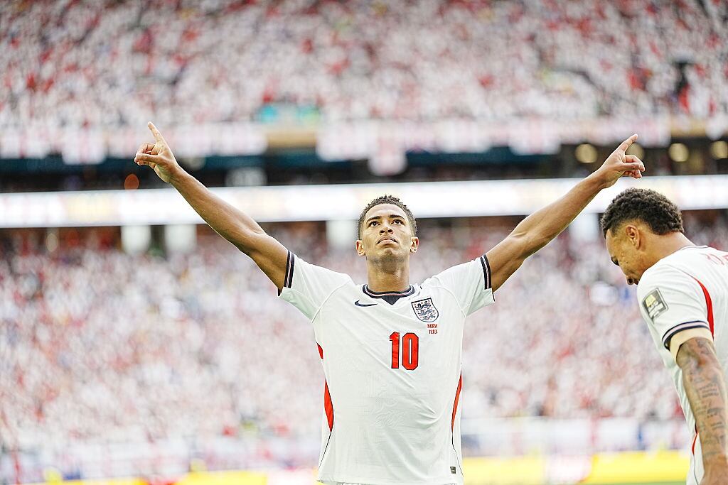 MIAMI GARDENS, FLORIDA - JULY 11: Jude Bellingham (10) of England celebrates goal during the 2026 FIFA World Cup quarterfinal match between Norway and England at Miami Stadium in Miami Gardens, Florida, United States, on July 11, 2026. (Photo by Evrim Aydin/Anadolu via Getty Images)
