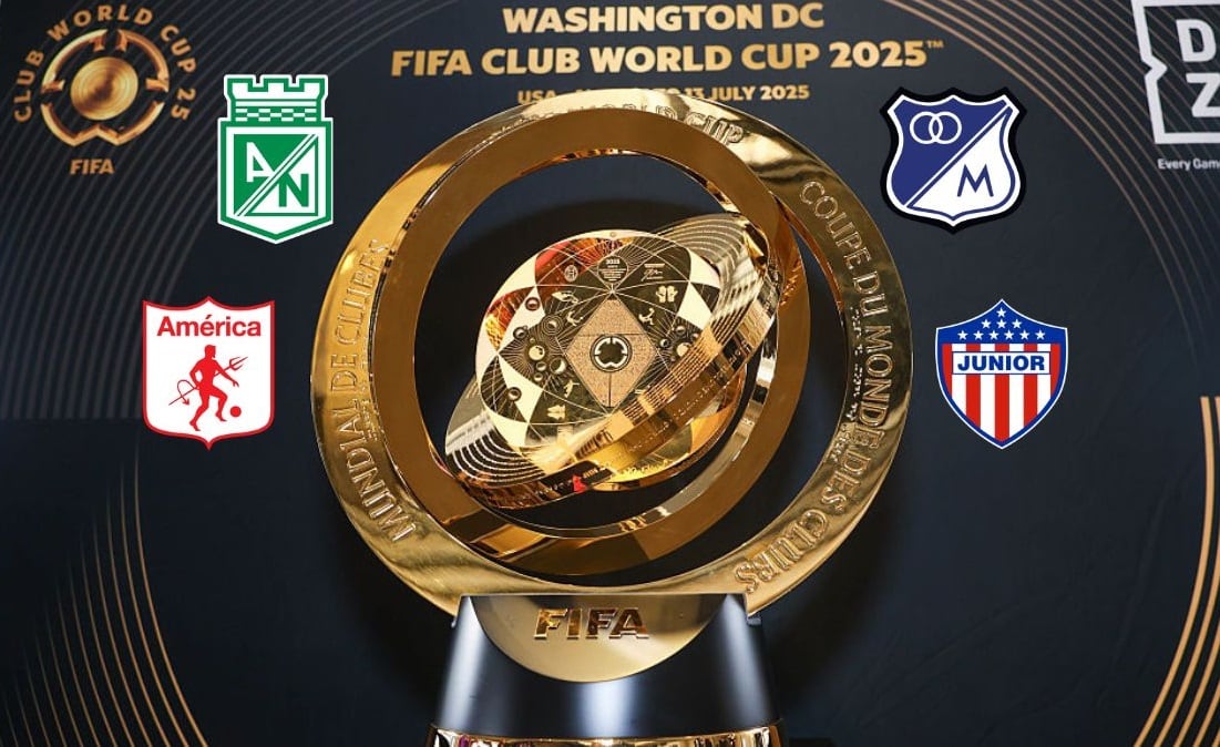 Trofeo Mundial de Clubes y escudos equipos colombianos / Composición: Caracol Radio