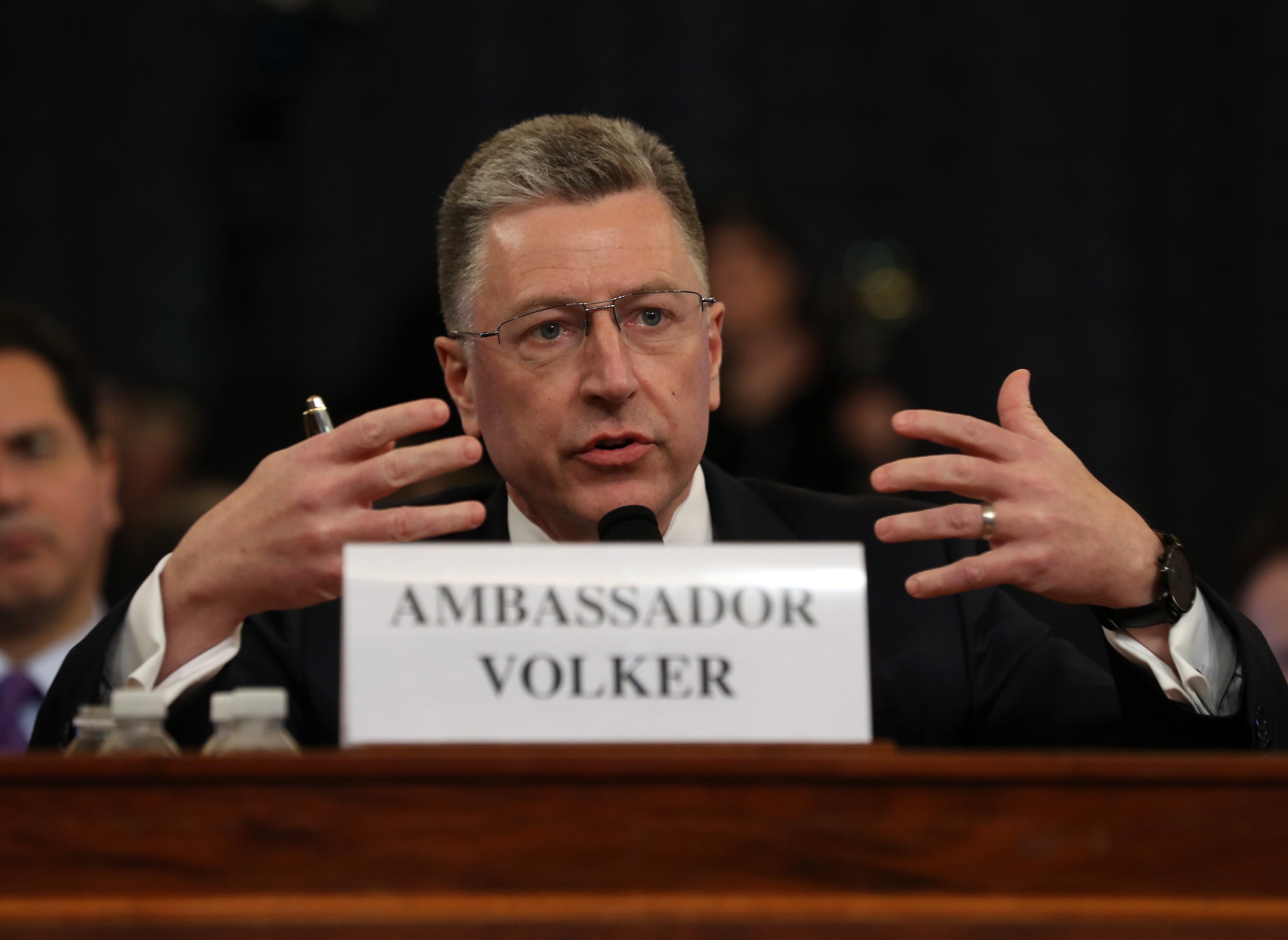 WASHINGTON, DC - NOVEMBER 19:  Former State Department special envoy to Ukraine Kurt Volker testifies before the House Intelligence Committee in the Longworth House Office Building on Capitol Hill November 19, 2019 in Washington, DC. The committee heard testimony during the third day of open hearings in the impeachment inquiry against U.S. President Donald Trump, whom House Democrats say held back U.S. military aid for Ukraine while demanding it investigate his political rivals and the unfounded conspiracy theory that Ukrainians, not Russians, were behind the 2016 computer hacking of the Democratic National Committee.   (Photo by Chip Somodevilla/Getty Images)