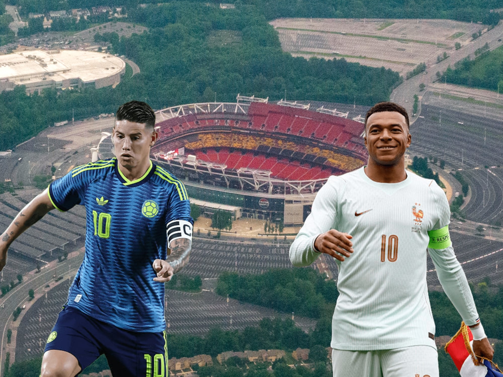 De fondo el Northwest Stadium de Landover, Maryland, Estados Unidos. Al frente, el jugador colombiano James Rodríguez y el futbolista francés Kilyan Mbappé. Fotos: Getty Images.