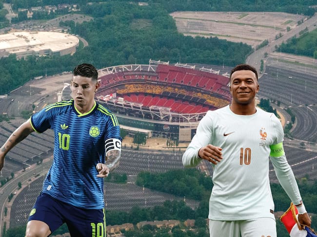 De fondo el Northwest Stadium de Landover, Maryland, Estados Unidos. Al frente, el jugador colombiano James Rodríguez y el futbolista francés Kilyan Mbappé. Fotos: Getty Images.